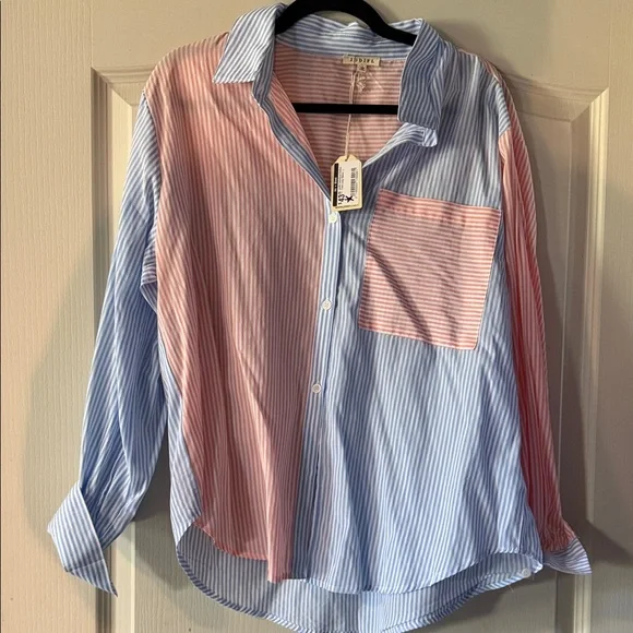 JODIFL Striped Blue and Pink Button-Up Shirt - Picture 1 of 4